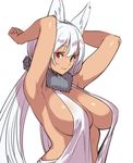  animal_ears arms_up breasts dark_skin fur_collar houtengeki large_breasts long_hair low_twintails red_eyes sideboob silver_hair simple_background smile solo twintails upper_body very_long_hair white_background 