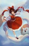  3four bow brown_eyes brown_hair detached_sleeves flying gohei hair_bow hakurei_reimu long_hair long_skirt mary_janes ofuda shoes skirt skirt_set socks solo touhou yin_yang 