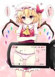  ascot blonde_hair blush camcorder flandre_scarlet haruki_(colorful_macaron) hat highres looking_at_viewer panties pink_panties red_eyes side_ponytail simple_background solo_focus touhou translated underwear viewfinder wings x-ray x-ray_vision 