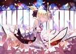  artoria_pendragon_(all) bare_shoulders blonde_hair breastplate caliburn closed_eyes fate/stay_night fate/unlimited_codes fate_(series) faulds flower gauntlets highres joseph_lee lily_(flower) long_hair petals planted_sword planted_weapon ponytail saber saber_lily seiza sitting skirt solo sword weapon 