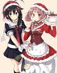  :q ahoge apron black_gloves black_hair black_serafuku black_skirt braid cake christmas dress food food_on_face fork frilled_apron frills fruit fur_trim gloves hair_bobbles hair_flaps hair_ornament hair_ribbon hat kantai_collection kuhotaka long_sleeves looking_at_viewer maid maid_apron multiple_girls neckerchief pink_hair pleated_skirt puffy_long_sleeves puffy_short_sleeves puffy_sleeves red_dress red_neckwear remodel_(kantai_collection) ribbon sack sailor_collar santa_costume santa_hat sazanami_(kantai_collection) scarf school_uniform serafuku shigure_(kantai_collection) short_sleeves simple_background single_braid skirt strawberry the_yuudachi-like_creature tongue tongue_out twintails white_scarf 