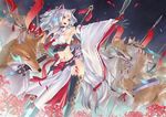  2d animal_ears armpits flower fox fox_ears fox_girl fox_tail japanese_clothes katana lowres miko polearm red_eyes spear spider_lily sword tail weapon white_hair 