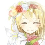 alice_margatroid blonde_hair blush capelet closed_eyes closed_mouth commentary crying face flower hair_flower hair_ornament hairband lily_(flower) lowres ribbon rose shiyuu_eriisago short_hair sketch smile solo streaming_tears tears touhou 
