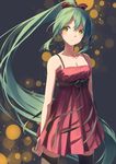  absurdly_long_hair alternate_hairstyle bare_arms black_legwear bow breasts cleavage dress green_hair hair_bow hatsune_miku highres long_hair looking_at_viewer medium_breasts ponytail serious solo thighhighs touboku very_long_hair vocaloid yellow_eyes zettai_ryouiki 