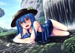  absurdres bare_shoulders blue_hair blush brown_eyes cloud collarbone day food fruit h_kasei hat highres hinanawi_tenshi long_hair looking_at_viewer lying on_stomach open_mouth peach red_eyes revision school_swimsuit sky smile solo swimsuit touhou water waterfall wet 