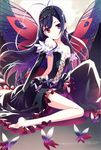  absurdres accel_world bare_shoulders black_gloves black_hair butterfly_wings center_opening collarbone cross-laced_clothes dress elbow_gloves full_body full_moon gloves h2so4 head_tilt highres kuroyukihime legs long_hair looking_at_viewer moon official_art parted_lips red_eyes smile strapless strapless_dress wings 