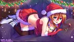 all_fours ankle_boots belt_boots black_legwear blue_eyes boots breasts brown_hair chair christmas cleavage elbow_gloves gloves hat high_heel_boots high_heels jewelry large_breasts long_hair midriff necklace open_mouth original red_gloves santa_costume santa_hat side_ponytail skirt solo suikakitsu_shiro thighhighs white_footwear xia_you_qing zettai_ryouiki 