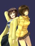  amagami azumanga_daiou back-to-back blue_background breasts brown_eyes brown_hair crossover drawfag highres hood hoodie kagura_(azumanga_daiou) large_breasts lips look-alike multiple_girls nanasaki_ai open_mouth pants short_hair skirt smile 