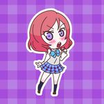  bow bowtie brown_footwear chibi hair_twirling karaagetarou love_live! love_live!_school_idol_project navy_blue_legwear nishikino_maki outline plaid plaid_background plaid_skirt pleated_skirt purple_background purple_eyes red_hair shoes short_hair skirt solo white_outline 