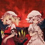  album_cover bat_wings blonde_hair blood bloody_tears cover dress flandre_scarlet full_moon hat kitsune_(kazenouta) mob_cap moon multiple_girls puffy_short_sleeves puffy_sleeves red_dress red_eyes red_moon remilia_scarlet sash shirt short_sleeves siblings side_ponytail silver_hair sisters touhou white_dress wings wrist_cuffs 