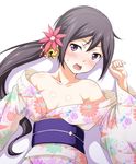  akebono_(kantai_collection) bell collarbone floral_print flower hair_bell hair_flower hair_ornament japanese_clothes jingle_bell kantai_collection kimono looking_at_viewer obi off_shoulder open_mouth purple_eyes sash side_ponytail solo tomokichi upper_body white_background 