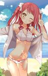  bangs bare_shoulders beach bikini blush cloud collarbone cowboy_shot dappled_sunlight day eyebrows_visible_through_hair grin hair_ribbon highres horizon kantoku_(style) kawai long_hair looking_at_viewer navel ocean one_eye_closed original outdoors pink_hair ribbon sky smile solo sunlight swimsuit thigh_gap v water white_bikini 