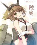  breasts brown_hair gloves green_eyes headgear huyukaaki kantai_collection large_breasts mutsu_(kantai_collection) smile solo translated twitter_username white_gloves 