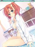 absurdres areola_slip areolae artist_name bed blue_eyes blush book bottomless box breasts brown_hair brushing_teeth cabinet chair cleavage covered_nipples curtains dengeki_moeou drawer dress_shirt dutch_angle groin hair_ribbon highres indoors large_breasts long_sleeves looking_at_viewer naked_shirt navel no_bra no_panties off_shoulder open_clothes open_shirt original photo_(object) ribbon shelf shirt sitting smile stuffed_animal stuffed_toy table teddy_bear toothbrush twintails white_shirt window yuuki_hagure 