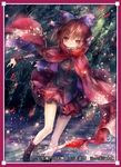  artist_name boots border cape hair_ornament hair_ribbon long_sleeves looking_at_viewer lowres onineko red_border red_eyes red_hair ribbon sekibanki shirt short_hair skirt solo text_focus touhou vest 