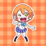  ;d blazer bow bowtie chibi green_eyes hoshizora_rin jacket karaagetarou love_live! love_live!_school_idol_project navy_blue_legwear one_eye_closed open_mouth orange_background orange_hair outline plaid plaid_background plaid_skirt pleated_skirt short_hair skirt smile solo v white_outline 