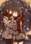  adjusting_another's_clothes adjusting_scarf bag black_legwear brown_eyes brown_hair coat coffee_cup cup disposable_cup dressing_another duffel_coat gloves highres kyuri long_hair looking_at_another multiple_girls original pantyhose profile revision scarf school_bag skirt smile snowing steam tree winter winter_clothes yuri 