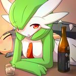  alcohol blush bottle drink drunk female gardevoir glass green_hair ice ice_cube kaceuth looking_at_viewer mawile no_humans open_mouth pokemon red_eyes short_hair shot_glass sleeping 