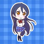  &gt;:) blazer blue_background bow bowtie brown_footwear chibi crossed_legs finger_to_chin jacket karaagetarou kneehighs long_hair love_live! love_live!_school_idol_project navy_blue_legwear orange_eyes outline plaid plaid_background plaid_skirt pleated_skirt red_bow shoes skirt smile solo sonoda_umi v-shaped_eyebrows very_long_hair white_outline 