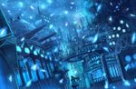  blue building city city_lights cityscape dress dutch_angle highres light_particles long_hair original road sakimori_(hououbds) scenery shawl sky solo stairs street 