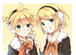  1girl :q ahoge blonde_hair blue_eyes brother_and_sister casual coat earmuffs finger_to_mouth gomano_rio hair_ornament hairclip kagamine_len kagamine_rin looking_at_viewer short_hair short_ponytail siblings tongue tongue_out twins upper_body vocaloid 