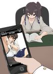  1girl black_legwear blush book breasts brown_hair cellphone cellphone_picture cleavage fellatio hetero kaga_(kantai_collection) kantai_collection large_breasts momio oral penis phone pov side_ponytail sitting spread_legs tasuki thighhighs 