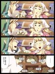  1girl 4koma bag bandana blonde_hair blue_eyes brown_hair closed_eyes comic earrings eyebrows hands_on_own_cheeks hands_on_own_face hat jacqueline_(skyward_sword) jewelry keyhole laughing link lipstick makeup nekoma_tagi open_mouth pointy_ears smile sweatdrop the_legend_of_zelda the_legend_of_zelda:_skyward_sword translation_request treasure_chest twintails 