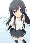  adjusting_hair arm_warmers asashio_(kantai_collection) black_hair black_legwear blue_eyes blush closed_mouth kantai_collection long_hair looking_at_viewer nagami_yuu pleated_skirt school_uniform skirt solo sparkle suspenders thighhighs zettai_ryouiki 