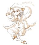  1girl bow dated dress drill_hair hat luna_child monochrome open_mouth ribbon short_hair single_shoe solo tako_(plastic_protein) tears touhou wings 