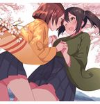  ;o black_hair blue_eyes brown_hair cherry_blossoms cowboy_shot downscaled hiryuu_(kantai_collection) holding_hands interlocked_fingers iruma_(ikutomi) japanese_clothes jpeg_artifacts kantai_collection kimono looking_at_another md5_mismatch multiple_girls one_eye_closed resized short_hair skirt souryuu_(kantai_collection) twintails 