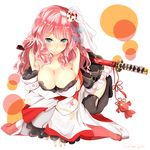  all_fours bare_shoulders blush breast_hold breasts cleavage detached_sleeves hair_ornament huge_breasts japanese_clothes katana kimono long_hair narushima_kanna original pink_hair pointy_ears solo sweatdrop sword twitter_username weapon 