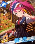  bandana beamed_eighth_notes card_(medium) character_name food grin hamburger idolmaster idolmaster_(classic) idolmaster_million_live! looking_at_viewer maihama_ayumu multicolored_hair multiple_girls musical_note official_art one_eye_closed pink_eyes pink_hair ponytail shijou_takane smile solo_focus thumbs_up 