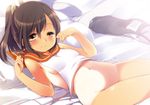  blush bottomless breasts brown_eyes brown_hair fujisaki_hikari i-401_(kantai_collection) kantai_collection lying navel on_back one-piece_tan pillow ponytail sailor_collar school_swimsuit short_hair small_breasts smile solo swimsuit swimsuit_removed tan tanline 