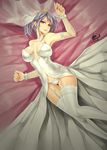  bare_shoulders bed breasts caooll covered_nipples dress garter_straps highres large_breasts league_of_legends looking_at_viewer lying on_back panties riven_(league_of_legends) short_hair signature silver_hair solo thigh_gap thighhighs underwear wedding_dress white_panties 