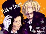  2014 2boys black_hair blonde_hair formal gloves halloween hat indigoissy male male_focus multiple_boys one_piece pointy_ears sanji sharp_teeth smile suit usopp vampire wink 