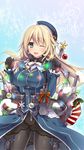  ;d atago_(kantai_collection) bankoku_ayuya black_gloves black_legwear blonde_hair breasts christmas christmas_lights cowboy_shot fur_collar gloves hat kantai_collection large_breasts long_hair machinery one_eye_closed open_mouth pantyhose smile solo stocking_stuffer uniform watermark web_address 