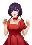  3four black_hair choker clenched_hand d-frag! dress funabori gingerbread_man long_hair low_twintails puffy_short_sleeves puffy_sleeves purple_eyes red_dress short_sleeves smile solo twintails 