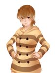 3four brown_eyes brown_hair buttons earrings fate/stay_night fate_(series) fujimura_taiga hands_on_hips hood hood_down hoodie jewelry lips revision short_hair solo striped striped_hoodie 