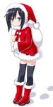  alternate_costume asashio_(kantai_collection) black_hair black_legwear blue_eyes blush boots christmas dd_(ijigendd) footprints full_body fur_boots fur_trim hat holding kantai_collection long_hair red_footwear sack santa_boots santa_costume santa_hat snow solo standing thighhighs 