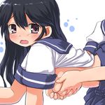  bent_over black_hair blush breast_grab breasts dd_(ijigendd) deep_skin grabbing grabbing_from_behind kantai_collection long_hair looking_at_another multiple_girls no_bra open_mouth pleated_skirt purple_eyes school_uniform serafuku shirt_lift short_sleeves skirt solo_focus tears ushio_(kantai_collection) wavy_mouth 