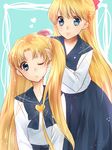  aino_minako bishoujo_senshi_sailor_moon blonde_hair blue_bow blue_eyes blue_sailor_collar bow comb hair_brushing hair_down heart juuban_high_school_uniform kan_(sagasaga123) long_hair multiple_girls one_eye_closed sailor_collar school_uniform serafuku smile tsukino_usagi very_long_hair 