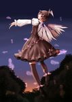  animal_ears brown_dress brown_legwear dress evening feathers floating forest full_body hat long_sleeves mystia_lorelei nature outstretched_arm profile puffy_long_sleeves puffy_sleeves short_hair sky solo sunset thighhighs touhou twilight white_(blue_white) wings 