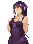  3four black_hair breasts cleavage hair_ribbon honda_futayo kyoukaisenjou_no_horizon large_breasts lingerie lips long_hair nightgown nose ponytail purple_eyes ribbon solo underwear 