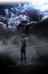  aldnoah.zero arms_at_sides backlighting black_footwear black_gloves blood bloody_clothes boots clenched_hand cloud emblem fog from_behind full_body gloves highres kaizuka_inaho knee_boots long_sleeves male_focus military military_base military_uniform moonlight night night_sky official_art ruins sky solo standing star_(sky) starry_sky turret uniform 
