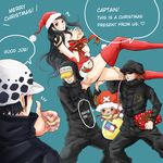  1girl bdsm black_hair bondage bound bound_wrists box carrying christmas gift gift_box grin hard_translated hat heart_pirates highres legs long_hair nico_robin one_piece penguin_(one_piece) present red_legwear restrained shachi_(one_piece) smile thighs thumbs_up tony_tony_chopper trafalgar_law translated yuri_(wakayuri) 