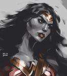  1girl 2014 amazon armor artist_name dawn_of_justice dc_comics dccu gal_gadot grey_background huy_wee_dinh justice_league long_hair man_of_steel portrait realistic solo spot_color tiara wonder_woman wonder_woman_(series) 
