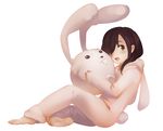  3four animal_costume animal_head barefoot black_hair bunny_costume feet full_body hair_over_one_eye ikezawa_hanako katawa_shoujo long_hair parted_lips purple_eyes scar sitting soles solo toes 