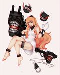  :d absurdres amatsuka_mao animal_ears anklet barefoot breasts brown_eyes cat_ears choker cosplay creature crossed_legs drawfag dress fang floating_fortress_(kantai_collection) gj-bu hair_flaps highres horns invisible_chair jewelry kantai_collection lips long_hair mittens northern_ocean_hime northern_ocean_hime_(cosplay) open_mouth orange_hair shinkaisei-kan sitting small_breasts smile white_dress 