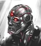  2014 artist_name cyborg cyborg_(dc) dark_skin dawn_of_justice dc_comics dccu glowing glowing_eye grey_background huy_wee_dinh justice_league male male_focus man_of_steel mechanical_eye one-eyed portrait realistic sketch solo spot_color victor_stone 