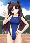  arena_(company) black_hair blue_eyes competition_swimsuit fate/stay_night fate_(series) fuuma_nagi grin hand_on_hip long_hair one-piece_swimsuit one_eye_closed smile swimsuit toosaka_rin two_side_up waving 